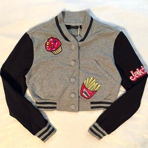 Monnalisa Jakioo Girls Cropped Varsity Jacket 8 Patches Fries Cupcake Gems Gray